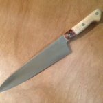 Houston Edge Works custom made kitchen knife with a tan handle