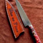 Houston Edge Works custom kitchen knife with red handle and lather sheath